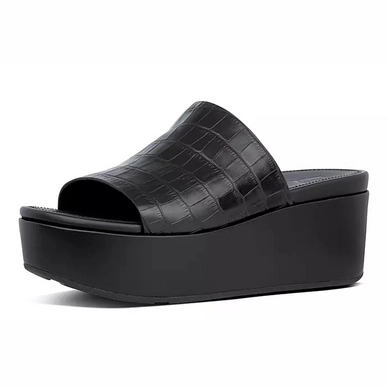 Sandale FitFlop Eloise Croc Print Wedge Slides All Black Fashionschuh